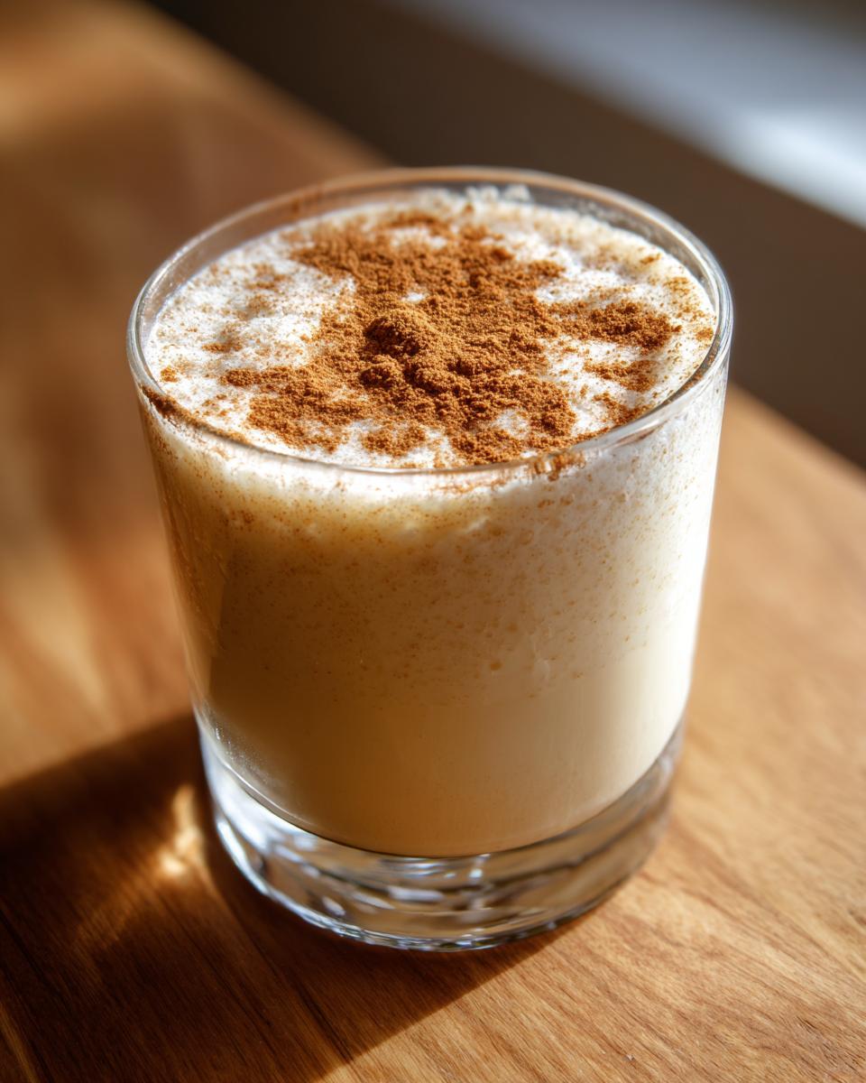 A glass filled with creamy coquito, topped generously with ground cinnamon, sitting on a wooden surface.