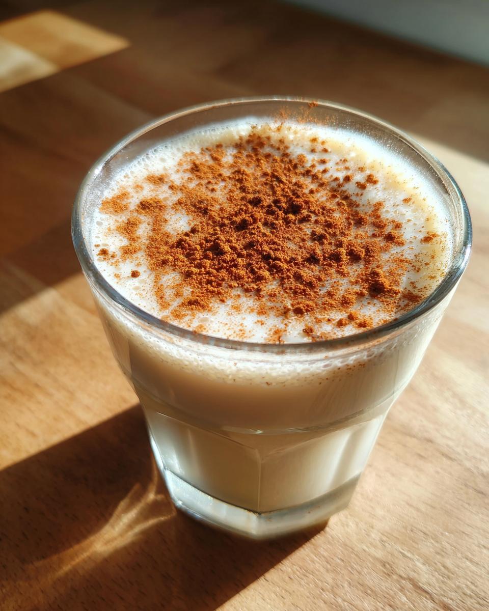 Close-up of a glass of creamy coquito topped generously with ground cinnamon.