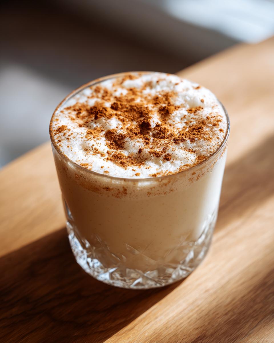 A glass of creamy coquito topped with frothy foam and a dusting of ground cinnamon.
