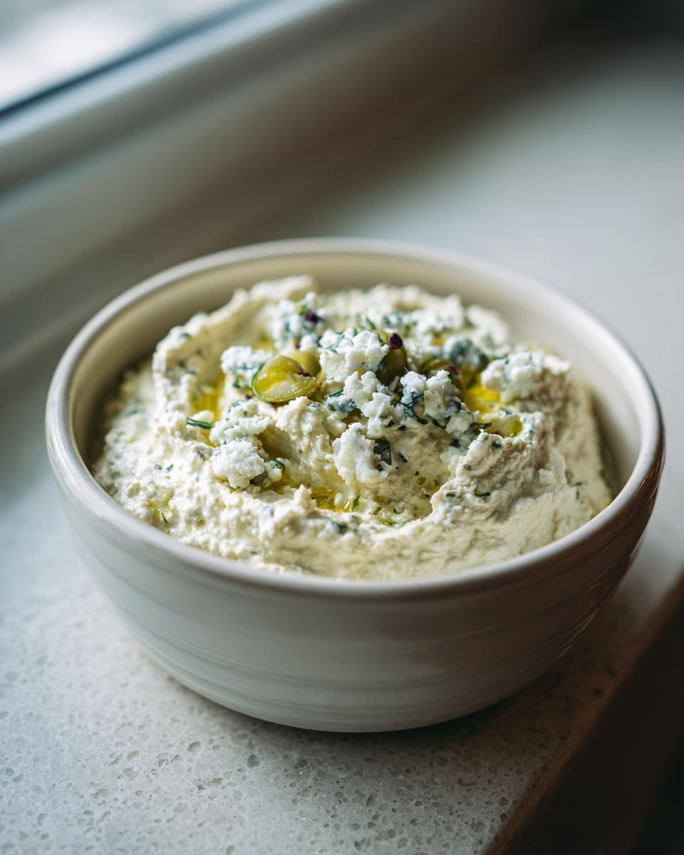 Close-up of a creamy white dirty martini dip in a bowl, garnished with crumbled blue cheese, herbs, and green olives.