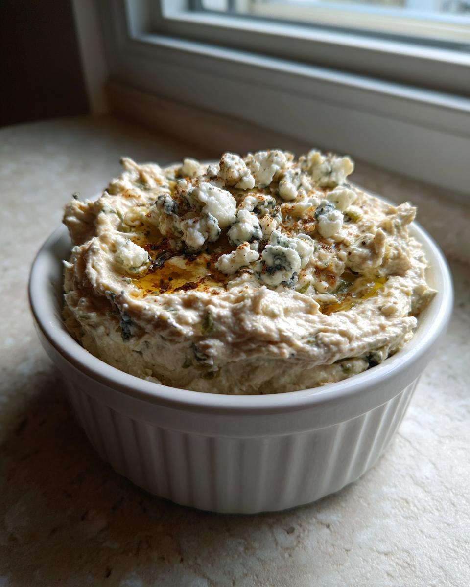 A white ramekin filled with creamy dirty martini dip, topped with blue cheese crumbles and olive oil.