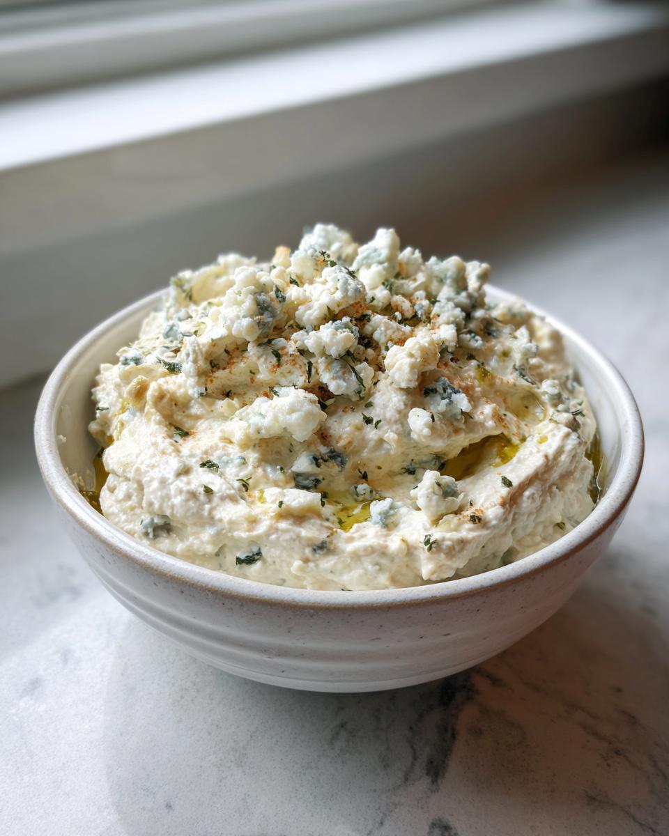 A creamy, white dip topped generously with crumbled blue cheese, herbs, and olive oil, representing the dirty martini dip.