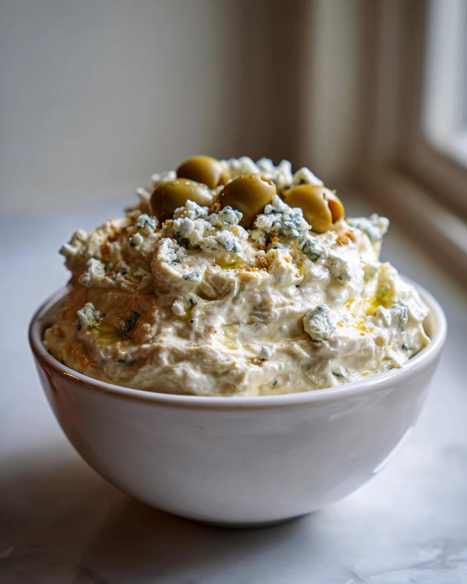 A bowl of creamy dirty martini dip garnished with crumbled blue cheese and whole green olives.