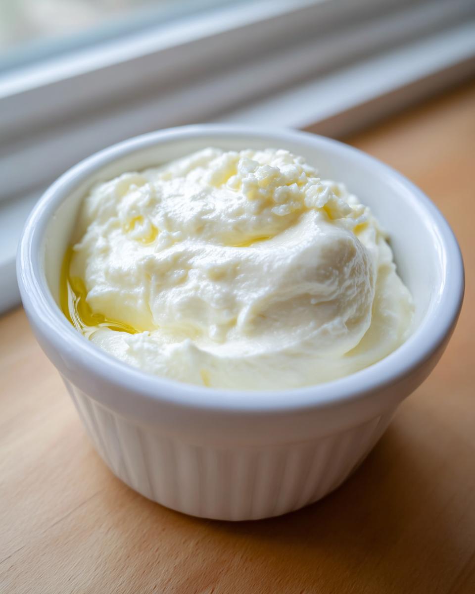 A small white ramekin filled with creamy, homemade garlic aioli, showing a drizzle of oil on top.