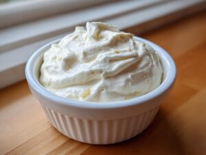 A close-up of thick, creamy homemade garlic aioli swirled high in a small white fluted ramekin.
