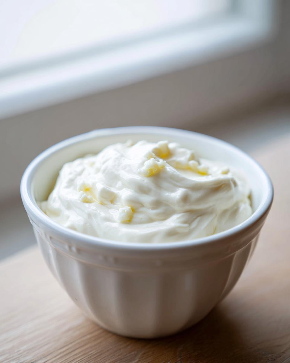 A close-up of thick, creamy homemade garlic aioli topped with visible minced garlic pieces in a white bowl.