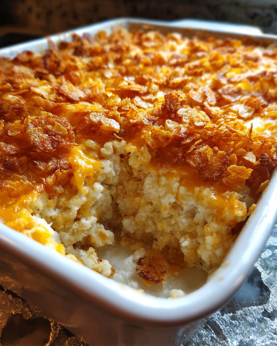 A close-up of a creamy hashbrown casserole in a white baking dish, showing a scoop removed and a golden, crunchy cornflake topping.