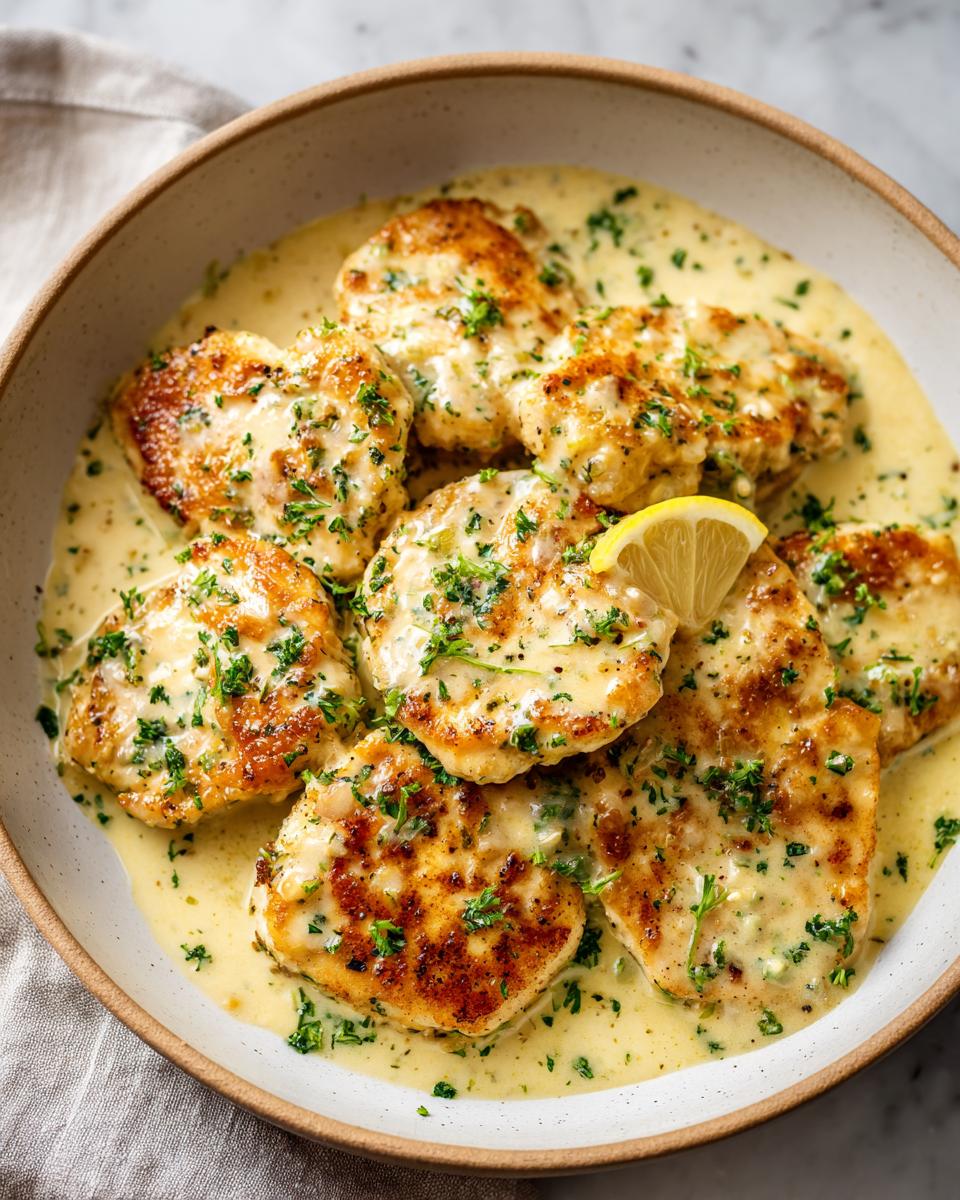 Close-up of pan-seared chicken breasts smothered in a rich, creamy lemon chicken sauce and garnished with parsley.