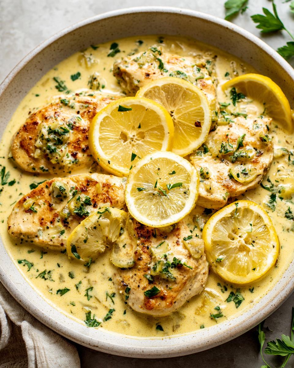 Close-up of pan-seared chicken breasts covered in a rich, creamy lemon sauce and garnished with fresh lemon slices.