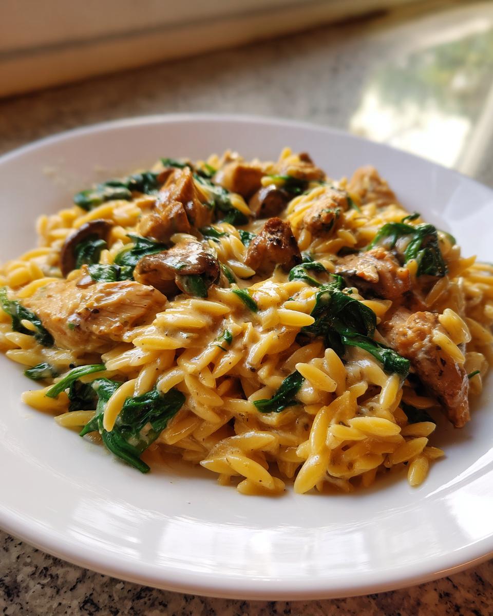 A close-up of creamy lemon chicken orzo mixed with wilted spinach and browned chicken pieces served on a white plate.