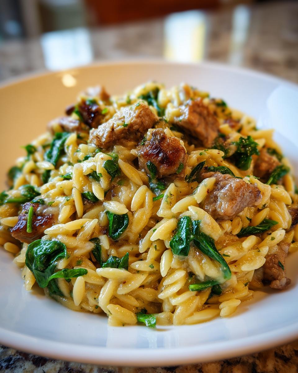 Close-up of creamy lemon chicken orzo pasta mixed with wilted spinach and browned pieces of meat.