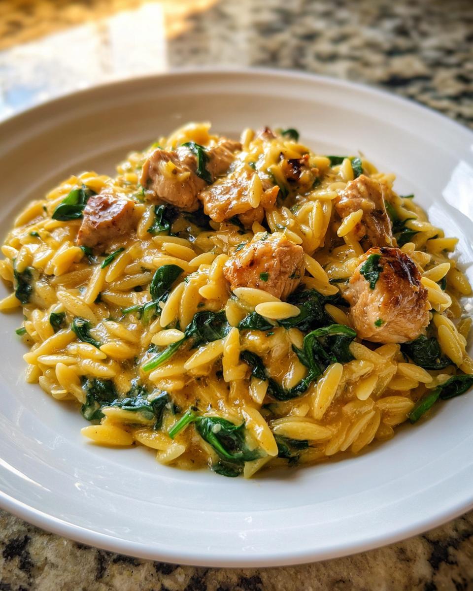 A close-up of creamy lemon chicken orzo mixed with wilted spinach served on a white plate.