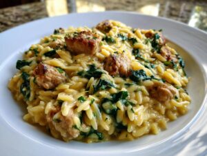 A close-up of creamy lemon chicken orzo mixed with wilted spinach and topped with seared chicken pieces.