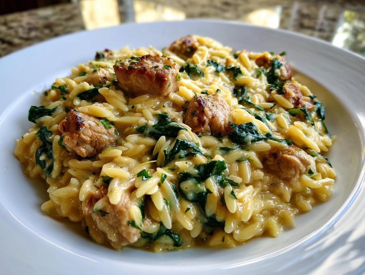 A close-up of creamy lemon chicken orzo mixed with wilted spinach and topped with seared chicken pieces.