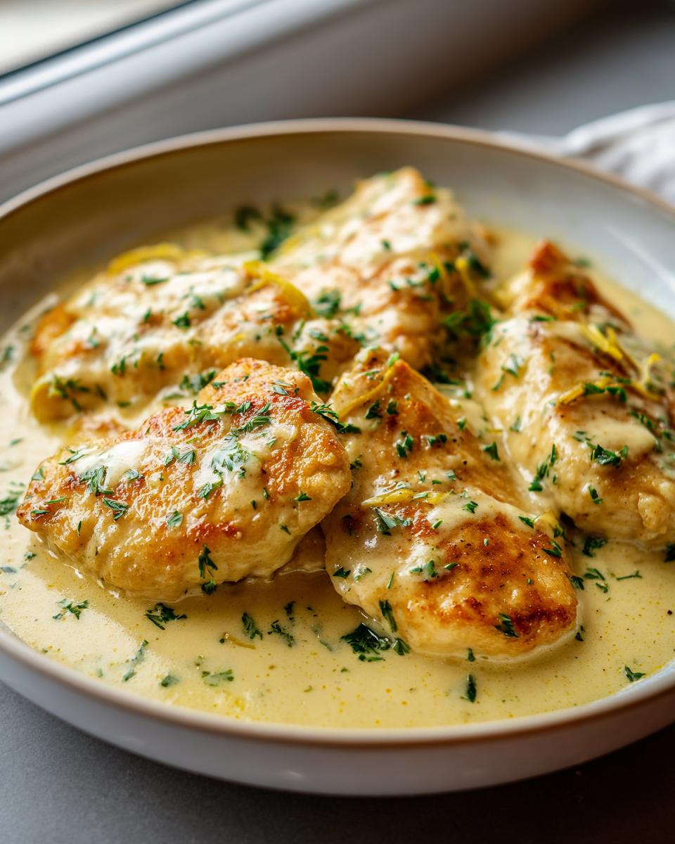 Four golden-brown chicken breasts swimming in a rich, creamy lemon sauce, garnished with fresh parsley.
