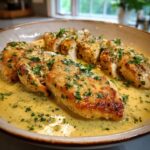 Pan-seared chicken breasts smothered in a rich, creamy lemon sauce and topped with fresh parsley.