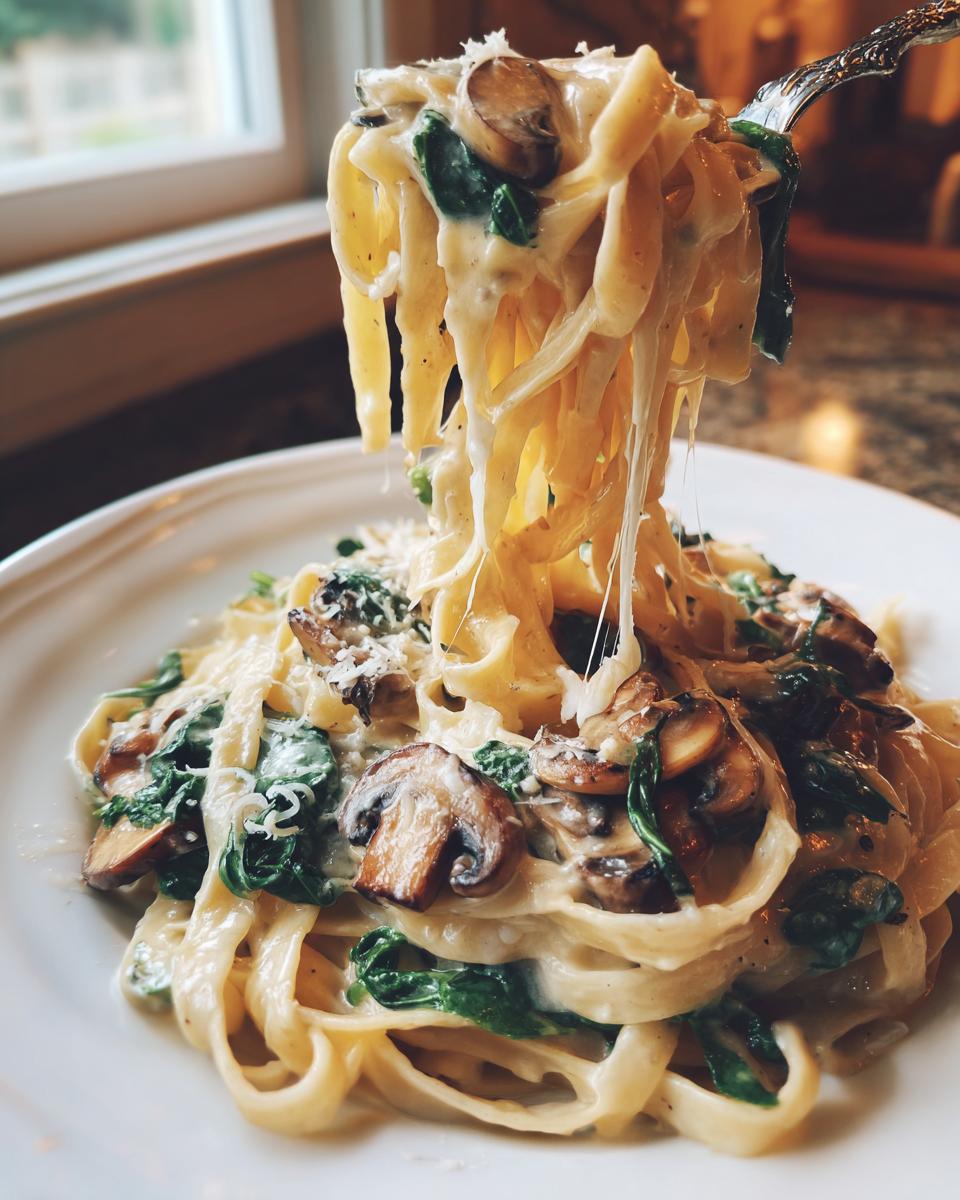A fork lifting creamy fettuccine mushroom pasta, showing cheese stretch, served on a white plate.