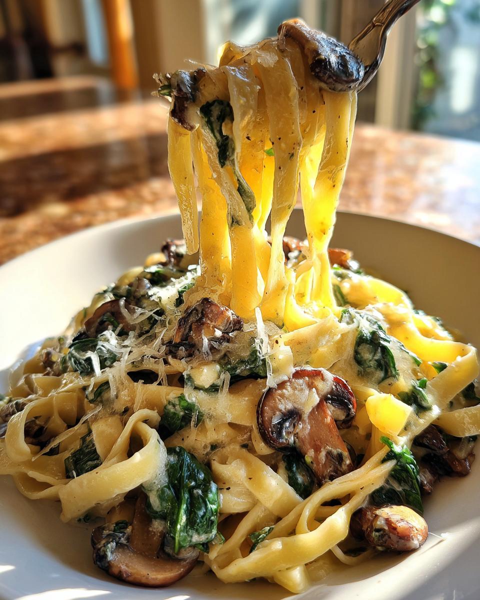 A fork lifting strands of fettuccine mushroom pasta coated in a creamy sauce with spinach and grated cheese.