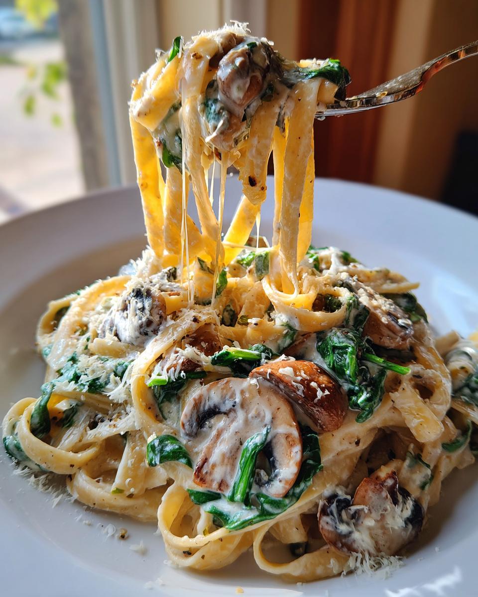 A fork lifting creamy fettuccine mushroom pasta, showing melted cheese strings and fresh spinach.