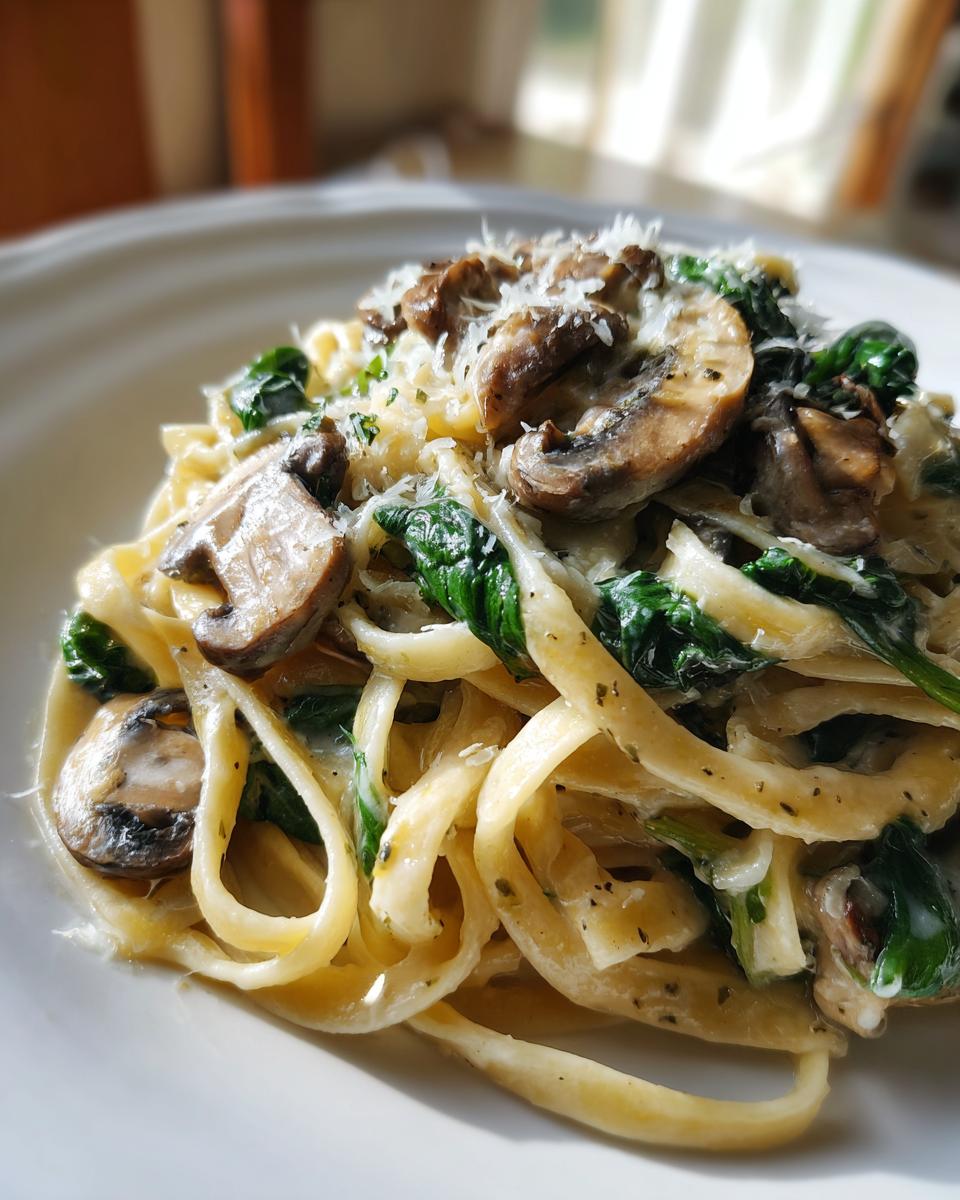 Close-up of creamy fettuccine mushroom pasta mixed with wilted spinach and topped with grated Parmesan cheese.