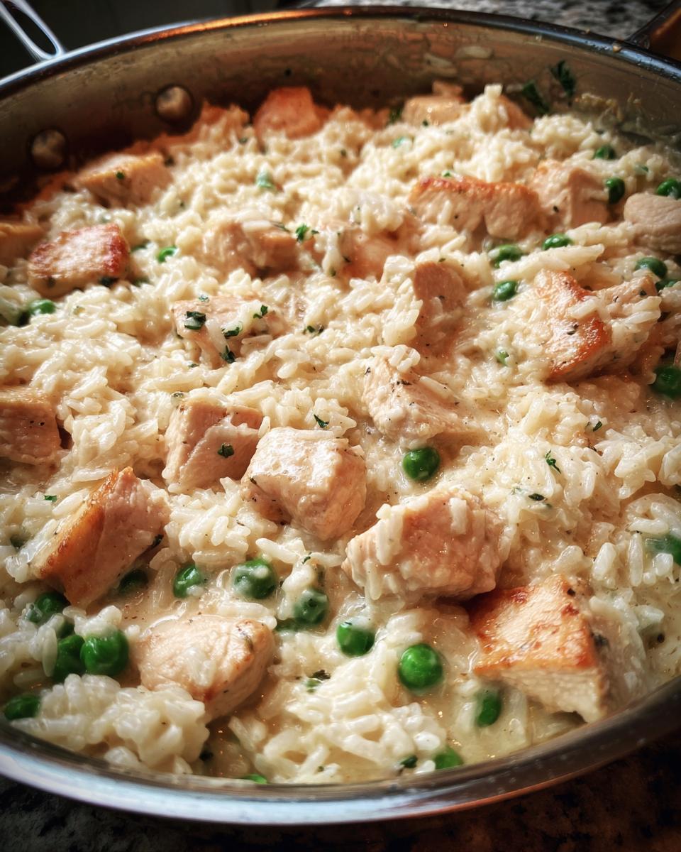 Close-up of creamy one pot chicken and rice mixed with bright green peas in a metal skillet.