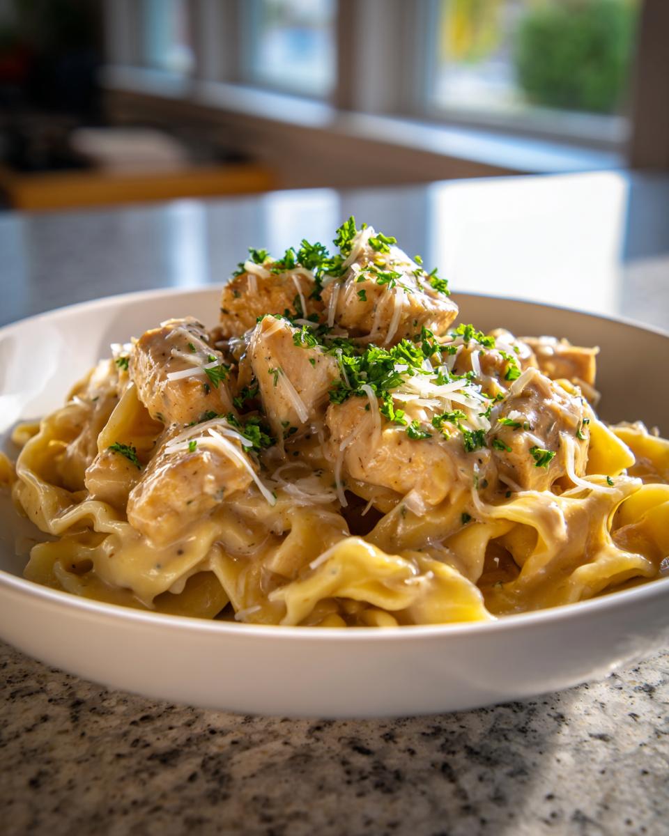 Close-up of creamy chicken pasta featuring egg noodles, diced chicken, parmesan, and fresh parsley.