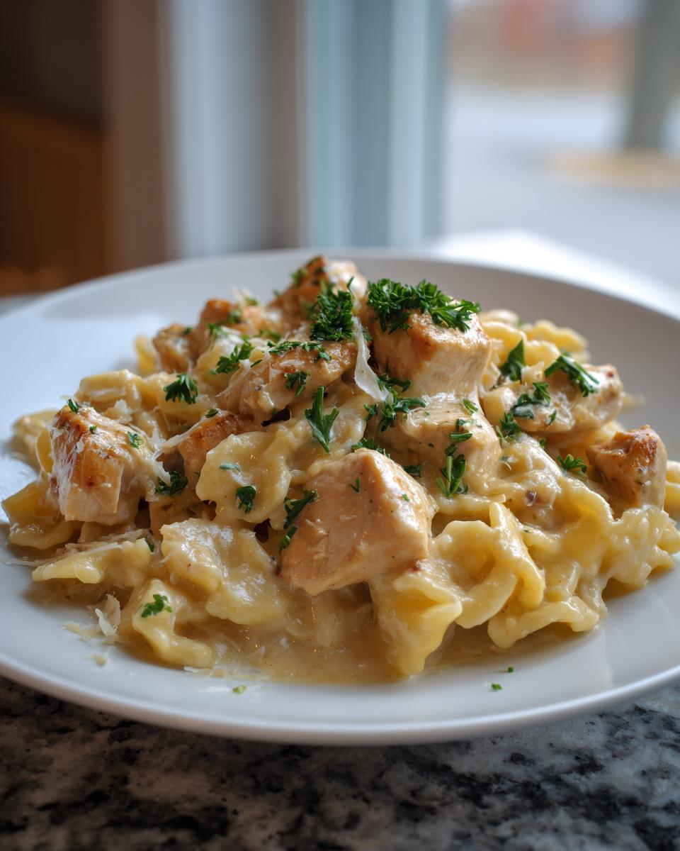A close-up of creamy chicken pasta served on a white plate, topped with fresh parsley.