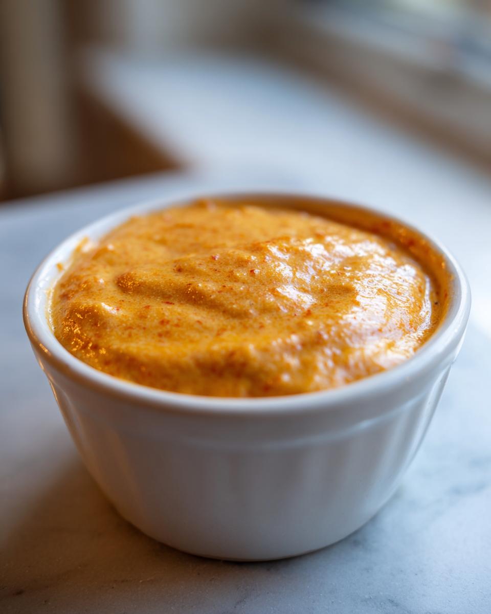 A close-up shot of thick, orange beer cheese dip served in a small white ramekin on a marble surface.
