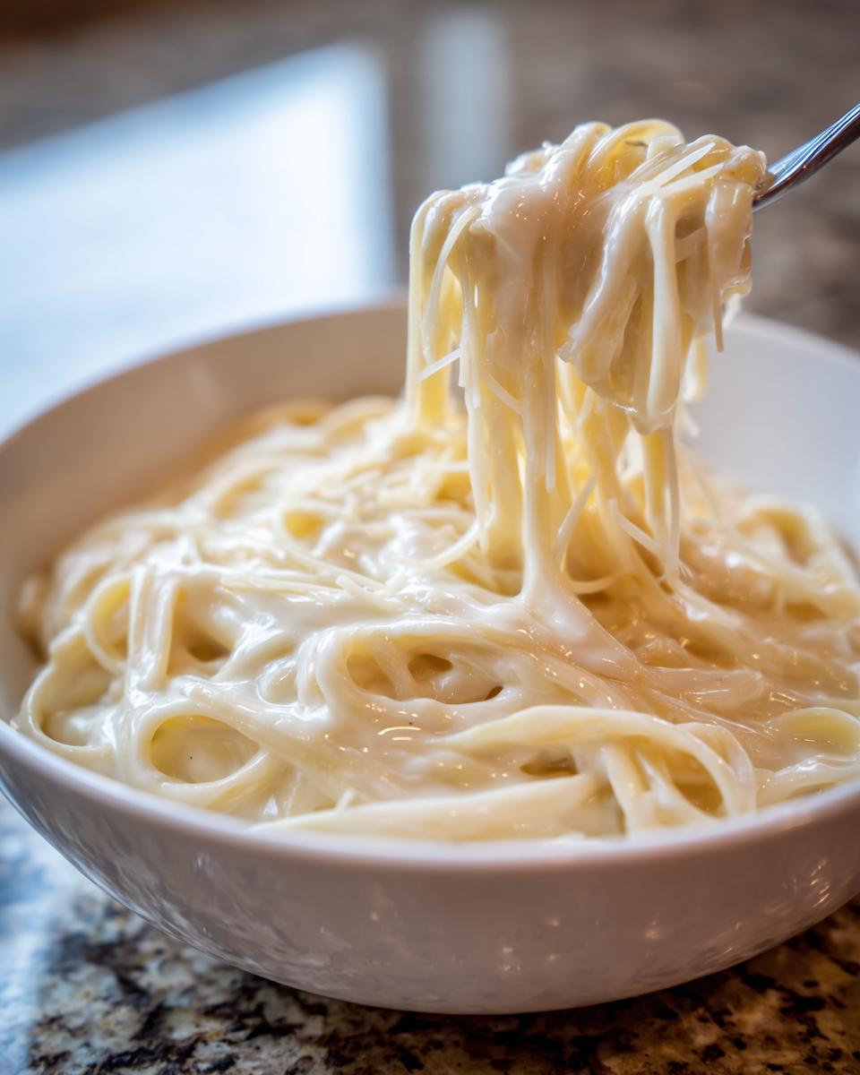 Close-up of fettuccine pasta being lifted from a white bowl, coated thickly in rich homemade alfredo sauce.