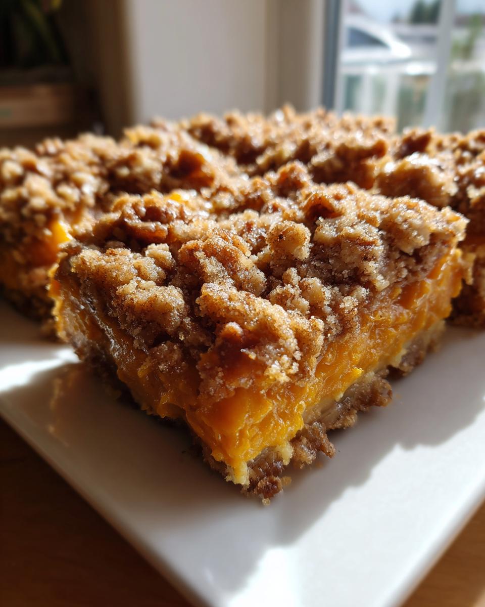 Close-up of a square slice of creamy sweet potato casserole topped with a thick, crunchy pecan streusel topping.