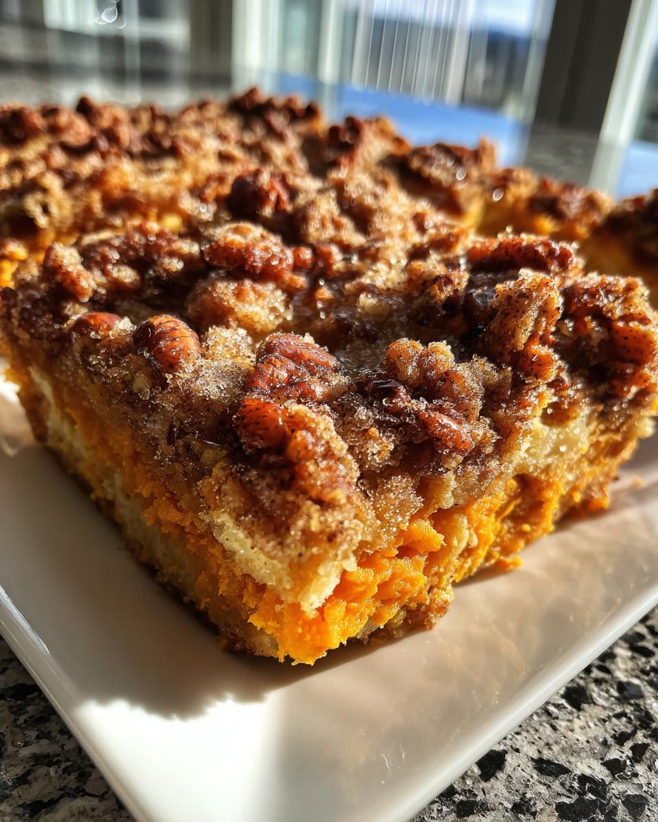 Close-up of a rich slice of sweet potato casserole featuring a creamy orange base and a thick, crunchy pecan streusel topping.