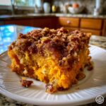 A close-up of a rich, orange slice of sweet potato casserole topped with a crunchy pecan crumble.