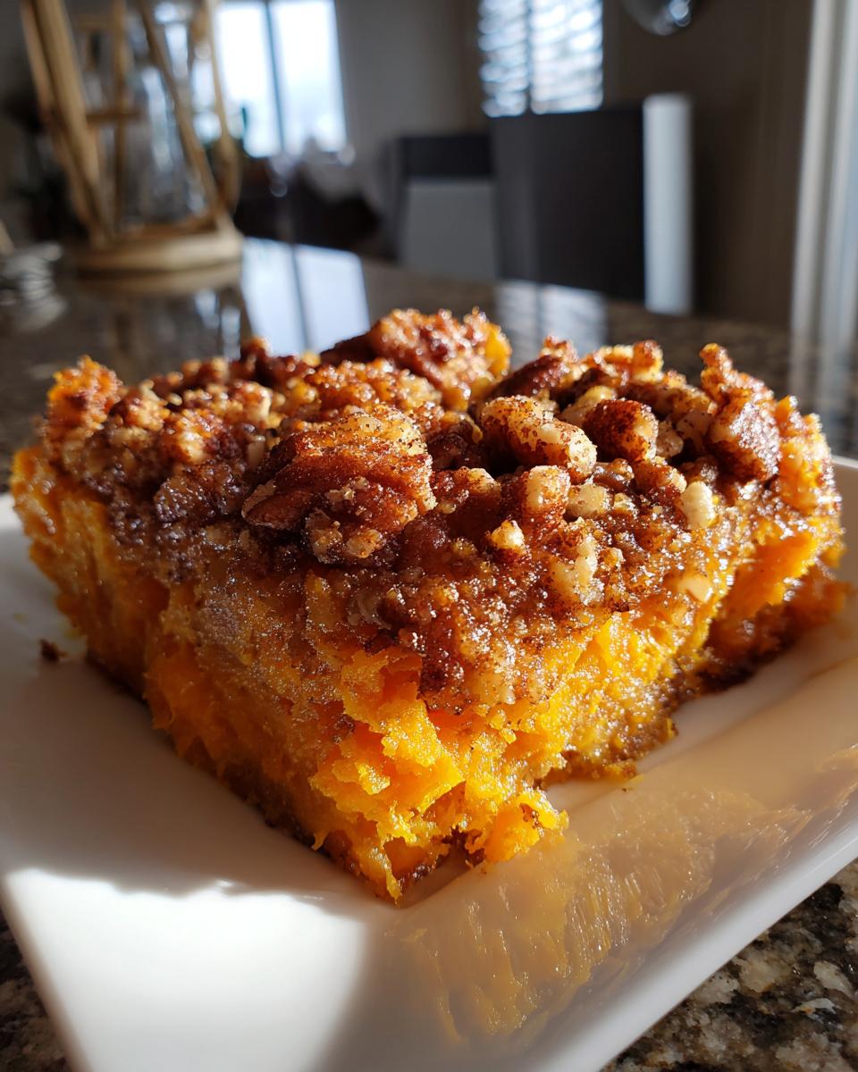 Close-up of a rich, orange slice of sweet potato casserole topped with a crunchy, cinnamon-pecan streusel.