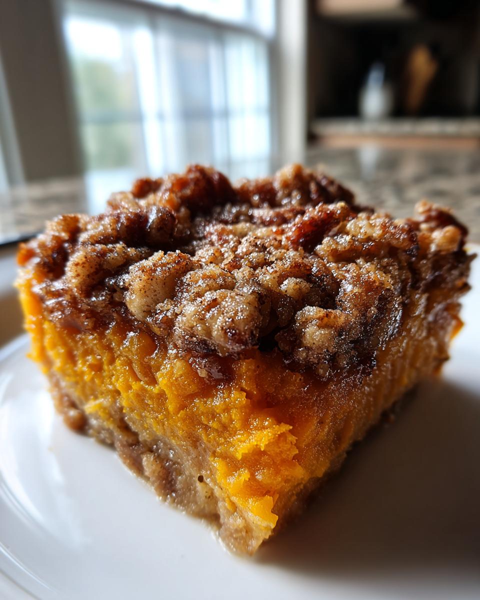 Close-up of a square slice of creamy sweet potato casserole topped with a crunchy pecan streusel topping.