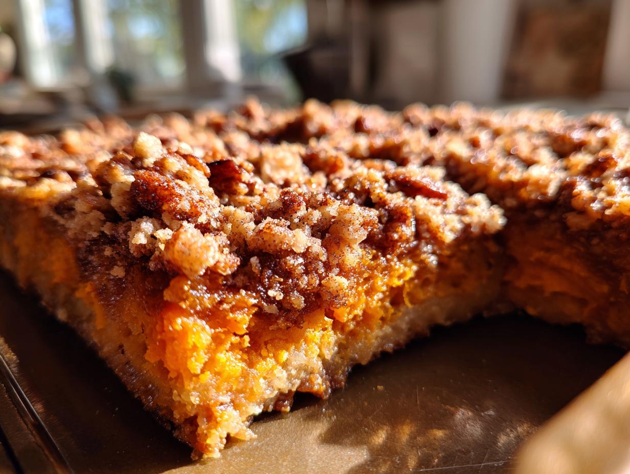 A close-up, sunlit shot of a rich, orange sweet potato casserole topped with a thick, crunchy pecan streusel topping.