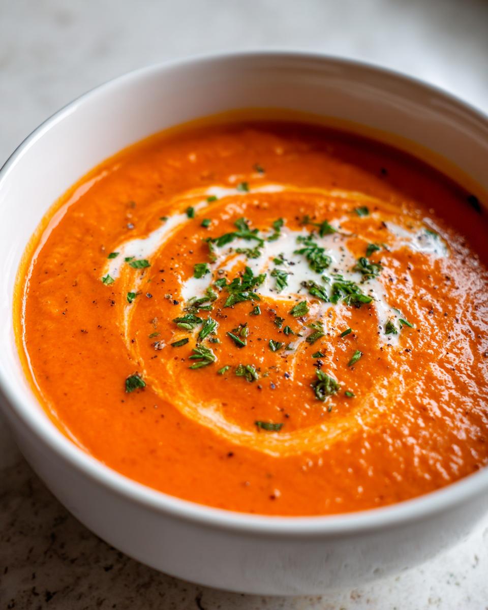 Close-up of a vibrant orange tomato bisque in a white bowl, swirled with cream and topped with fresh parsley.