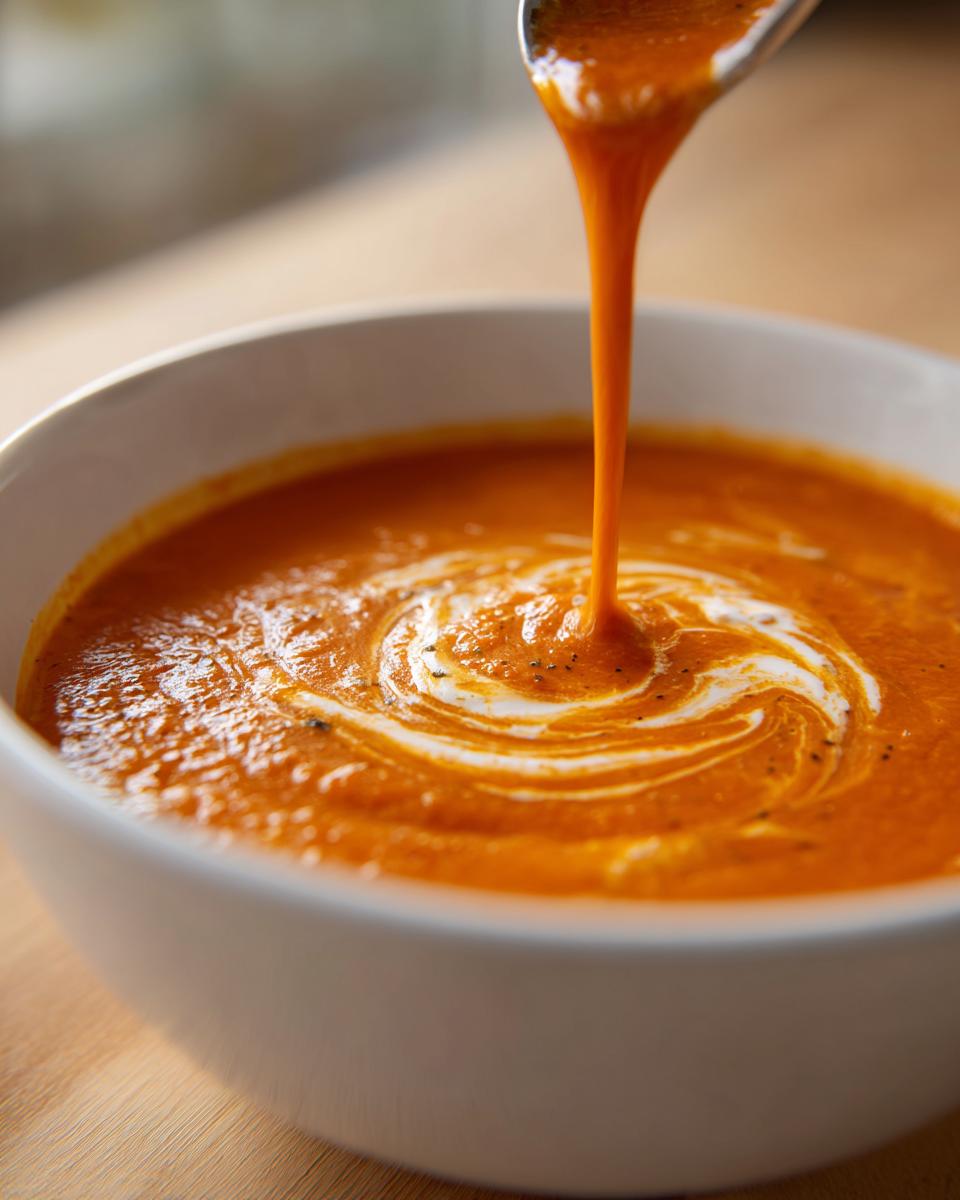 Close-up of rich orange tomato bisque being poured from a spoon, creating a swirl pattern with cream on top.