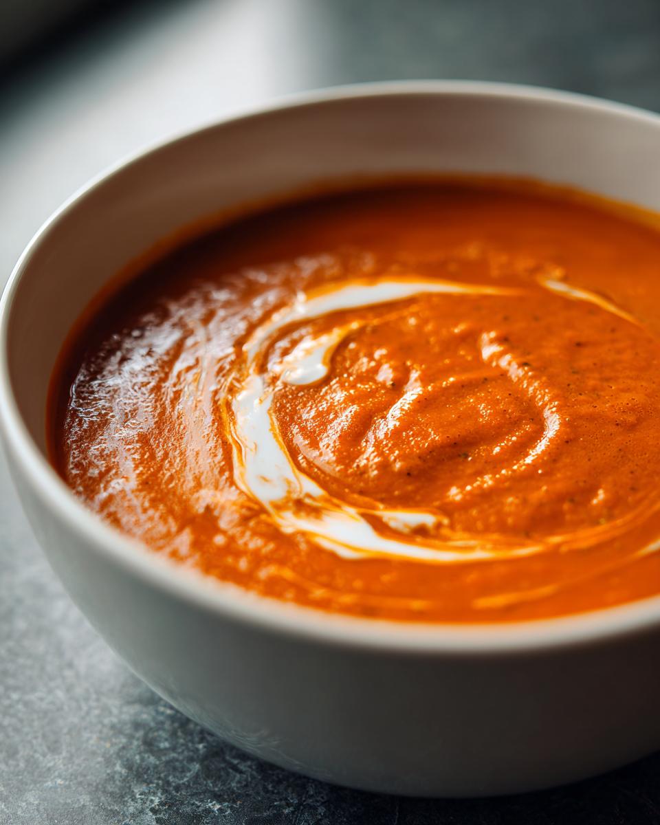 Close-up of a bowl of rich, orange-red tomato bisque soup with a swirl of cream on top.