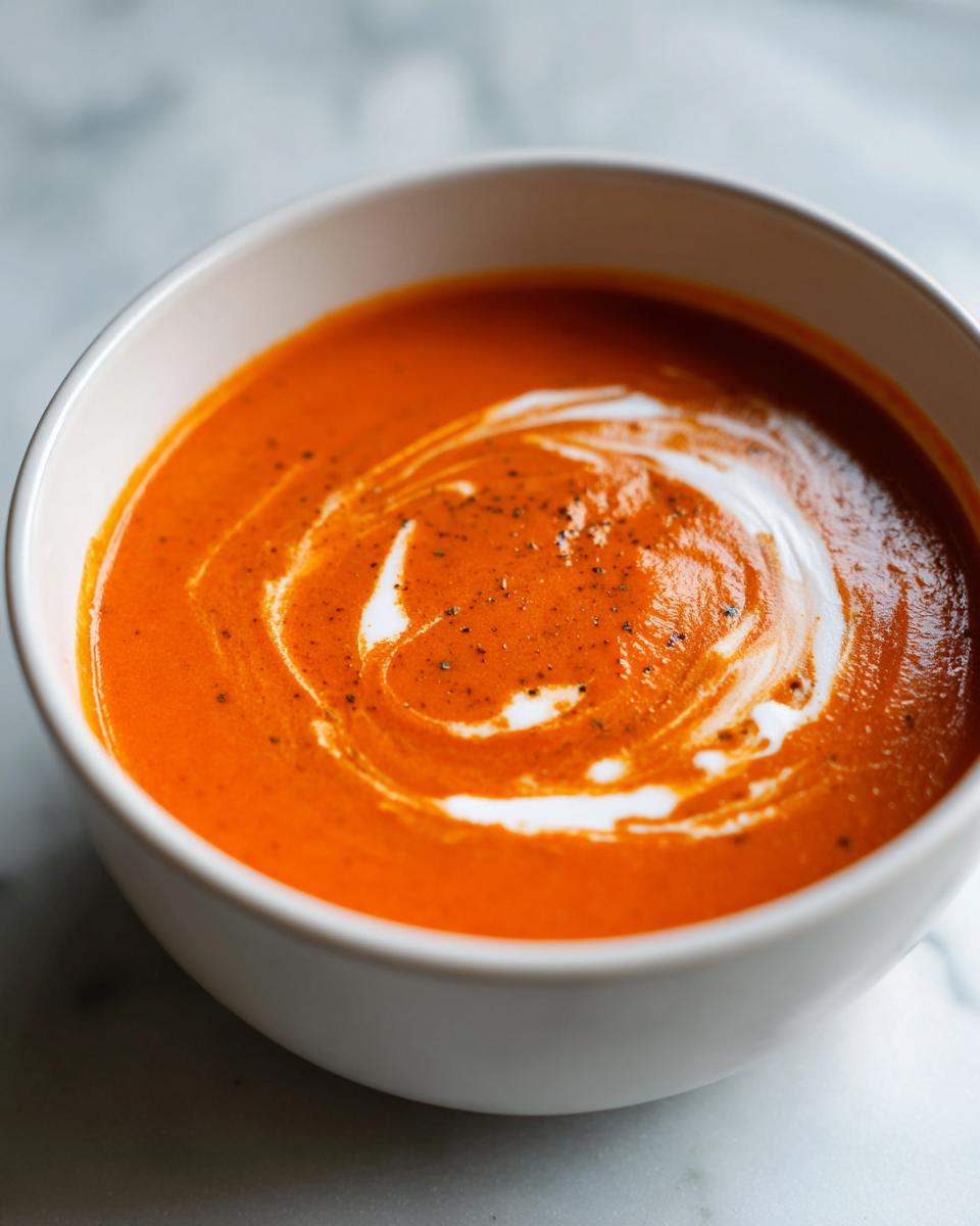 Close-up of a vibrant orange tomato bisque topped with a swirl of cream and cracked black pepper.