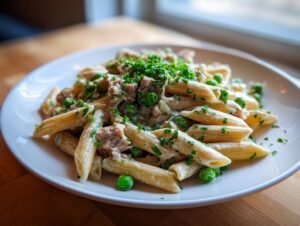 A close-up of creamy tuna pasta featuring penne, green peas, and fresh parsley topping.