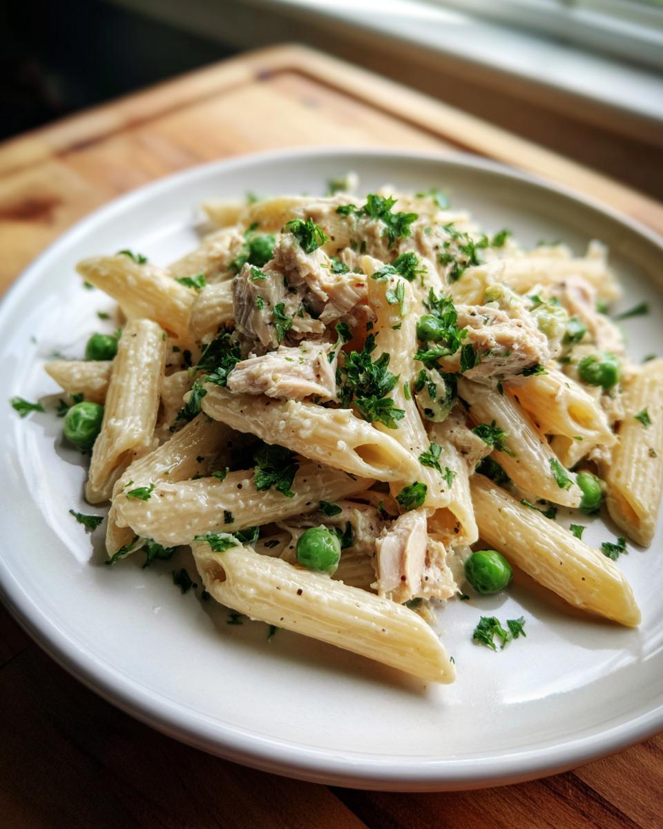 Close-up of creamy tuna pasta with penne, peas, and fresh parsley garnish on a white plate.