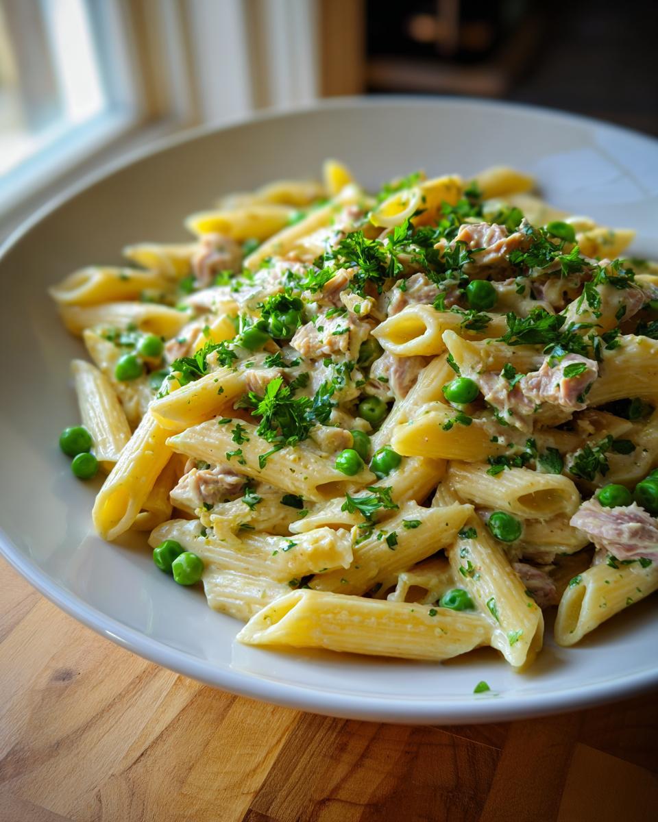 Close-up of creamy tuna pasta made with penne, mixed with bright green peas and topped with fresh parsley.