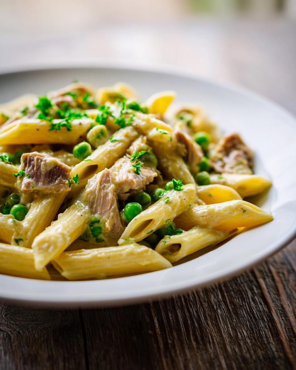 Close-up of creamy tuna pasta made with penne, green peas, and topped with fresh parsley.