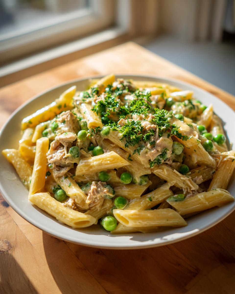A close-up of creamy tuna pasta made with penne, green peas, and topped with fresh parsley.