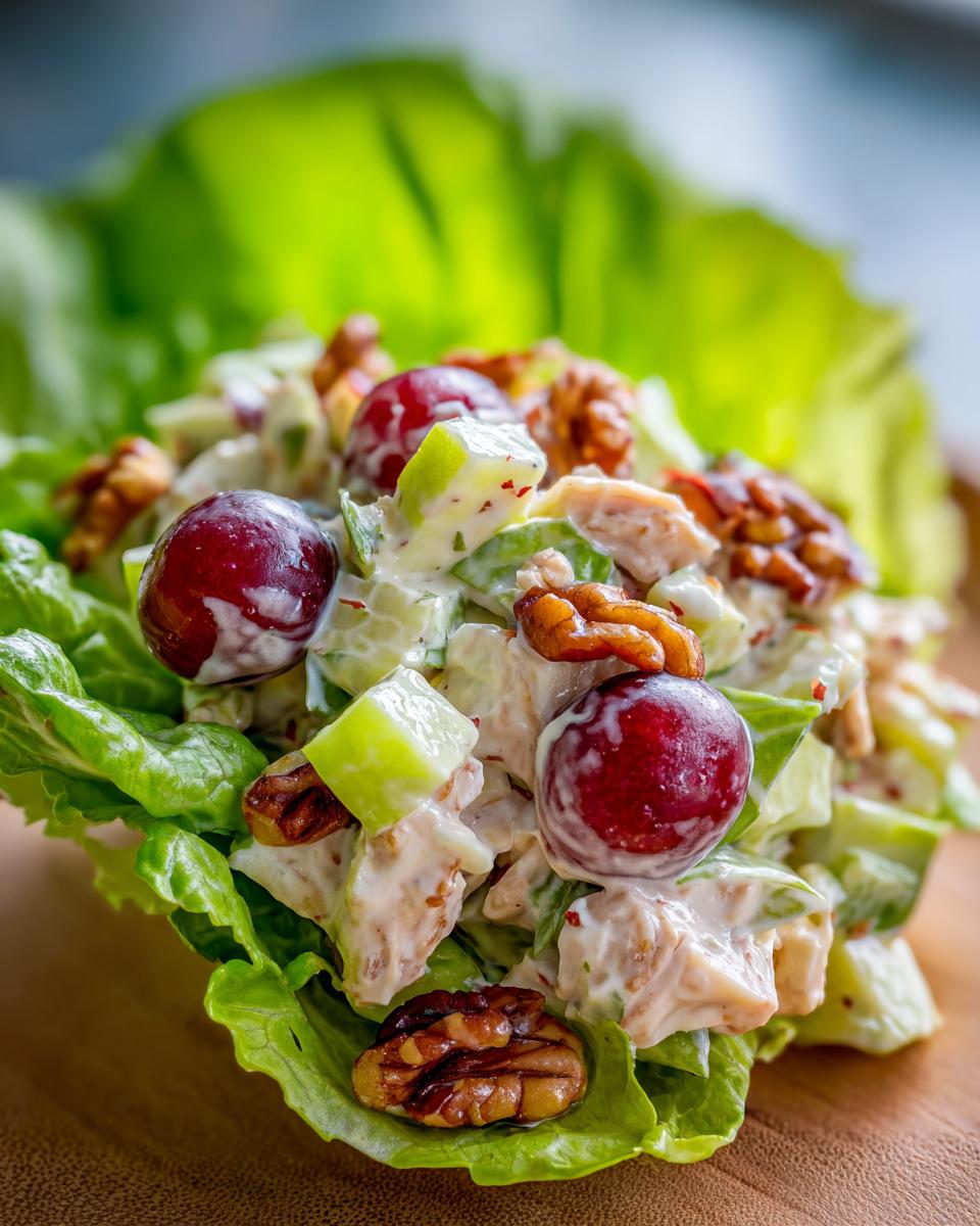 A close-up of a creamy Waldorf salad served in a crisp lettuce cup, topped with red grapes and pecans.