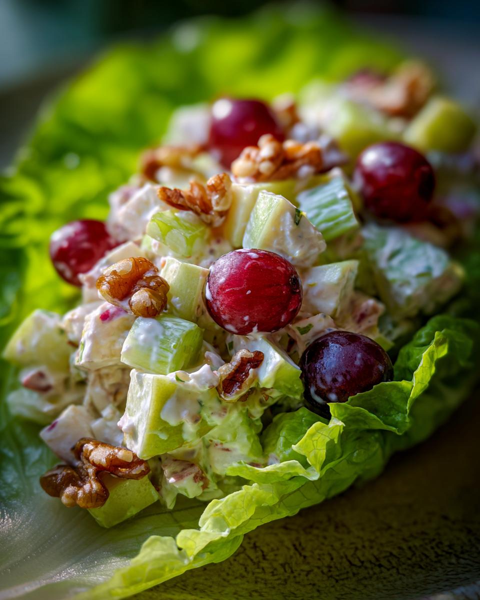 A close-up, vibrant photo of a creamy Waldorf salad served in a crisp lettuce cup, featuring apples, celery, red grapes, and walnuts.