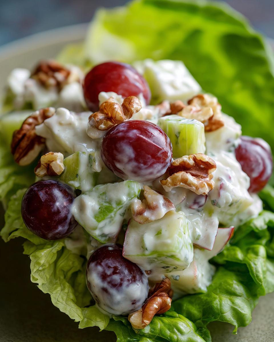 A close-up of a creamy Waldorf salad served in a crisp lettuce cup, featuring red grapes, walnuts, and celery.