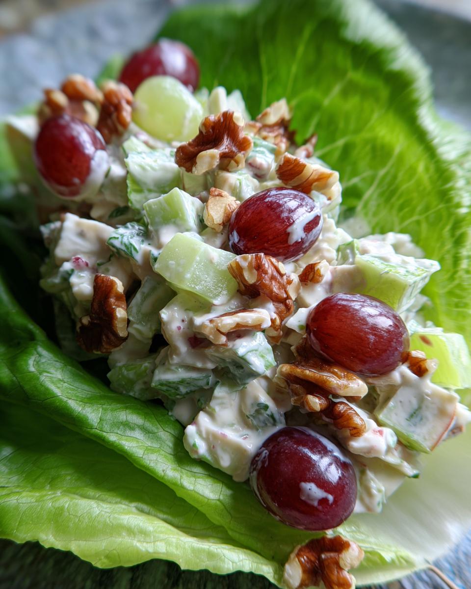 A close-up view of a creamy Waldorf salad served in crisp lettuce cups, topped with red grapes and walnuts.