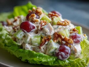 A close-up of creamy Waldorf salad served in a crisp lettuce cup, featuring grapes, celery, and walnuts.