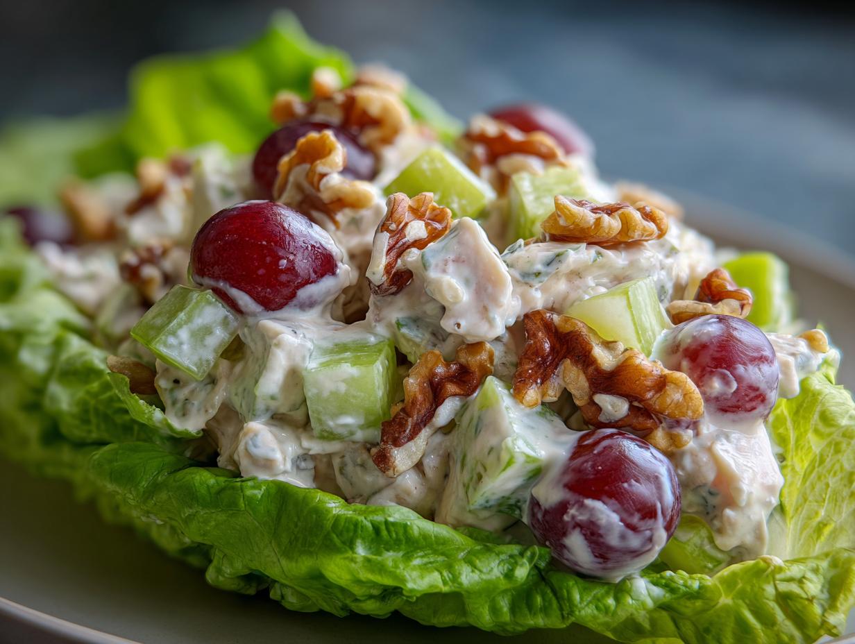 A close-up of creamy Waldorf salad served in a crisp lettuce cup, featuring grapes, celery, and walnuts.